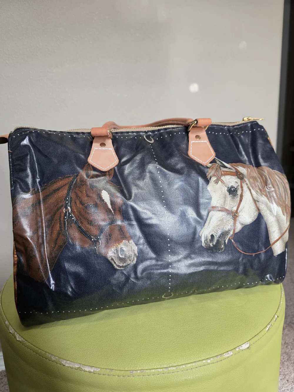 Vintage Equestrian Horse Print Hand Bag Navy Coated Vachetta Leather Handles